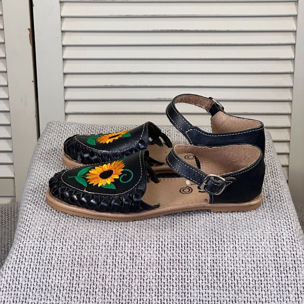 JVS Artisanal Women's Sunflower Black Leather Mexican Made Huarache Size 6.5 US - Picture 4 of 8